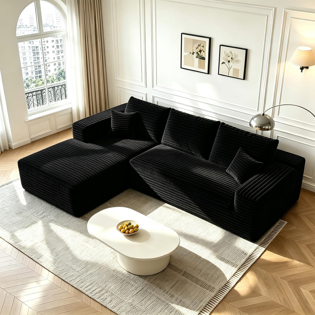 107" U-Shaped Cloud Sectional Couch with Ottoman for Living Room, Boneless Sofa, Compressed Sofa, No Assembly Required, Black Corduroy, Right Chaise