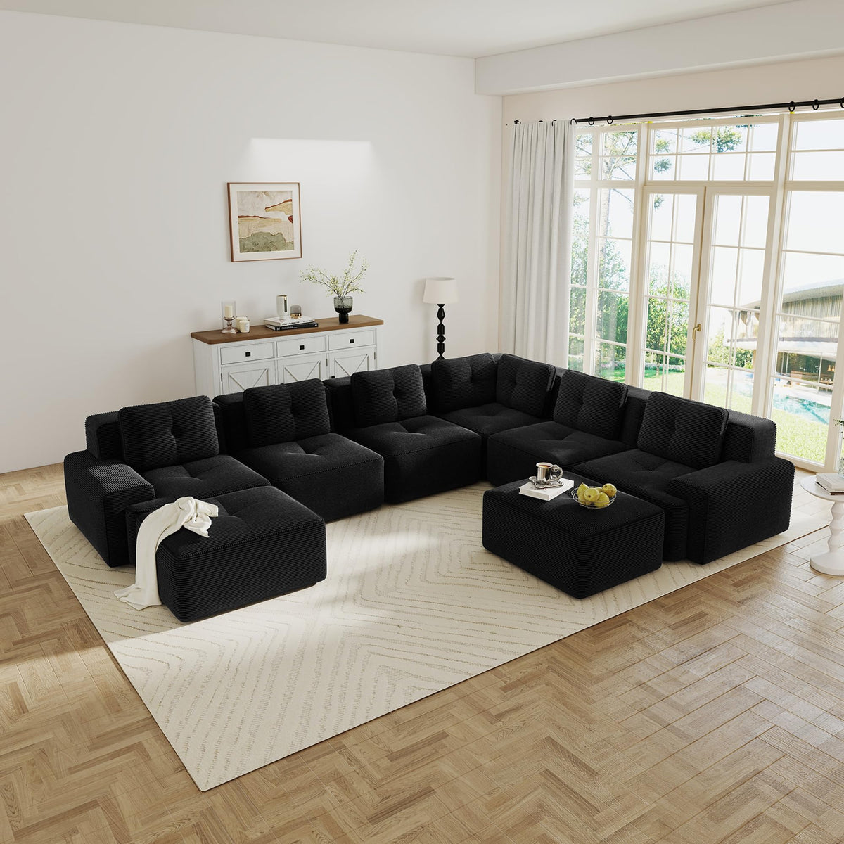 115.3” Camel Boneless Couches for Living Room, Modular Sectional Sofa with L-Shape Chaise, 3 Seater Comfy Upholstered Deep Seat Corduroy Fabric Cloud Couch No Assembly, Anti-Slip Design