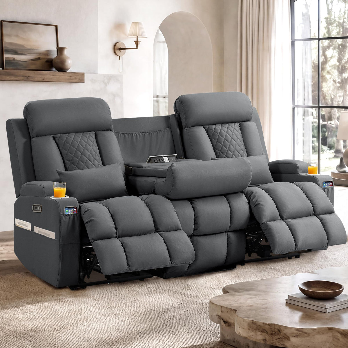 Wall Hugger Power Reclining Sofa w/ Adjustable Headrest, Gray