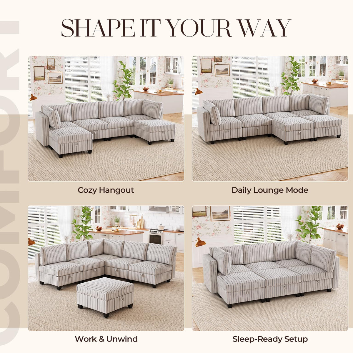 125" Oversized Modular 6 Seater Sofa with Removable Cover and Storage, Convertible U, L-Shaped Sofa, Modern Striped Fabric Couch with Movable Ottoman for Living Room, Apartment
