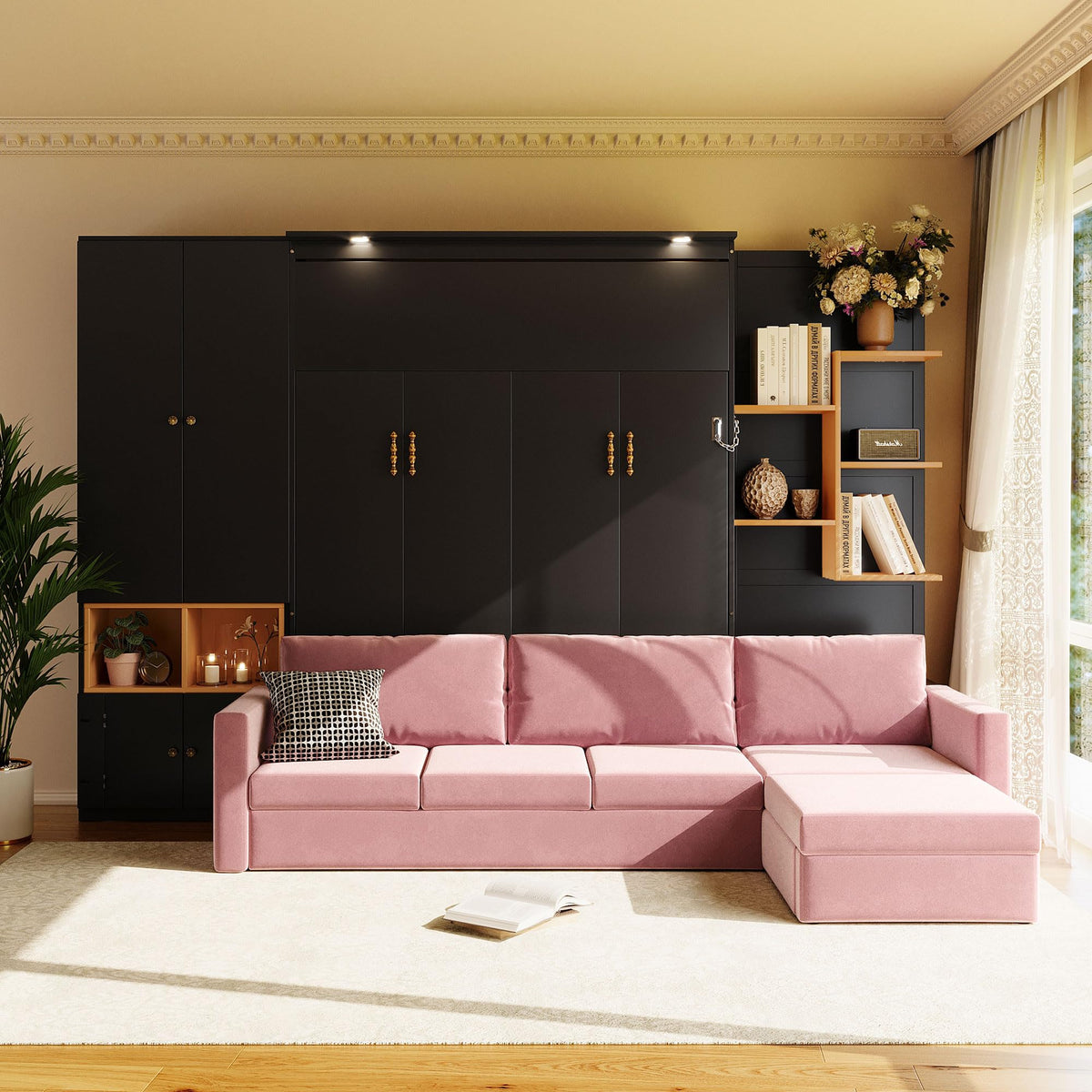 Wood Murphy Bed with Sofa, 4 Storage Shelves and USB Charging Station