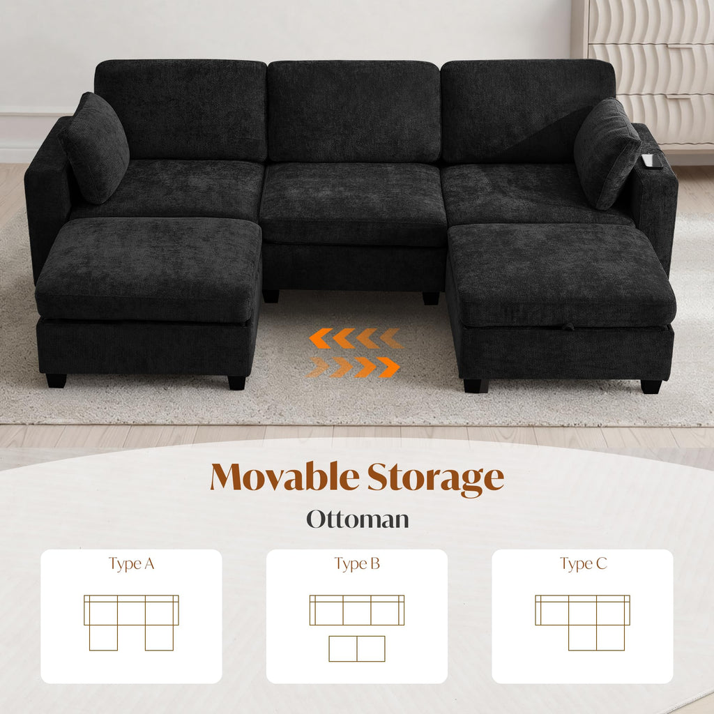 URRED 106" Modular Sectional Sofa with Storage, Convertible U Shaped Couch with Movable Ottoman, 5 Seat Modern Chenille Sectional Sofa for Living Room (Black, 106'')