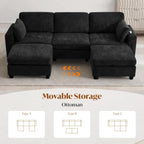 URRED 106" Modular Sectional Sofa with Storage, Convertible U Shaped Couch with Movable Ottoman, 5 Seat Modern Chenille Sectional Sofa for Living Room (Black, 106'')