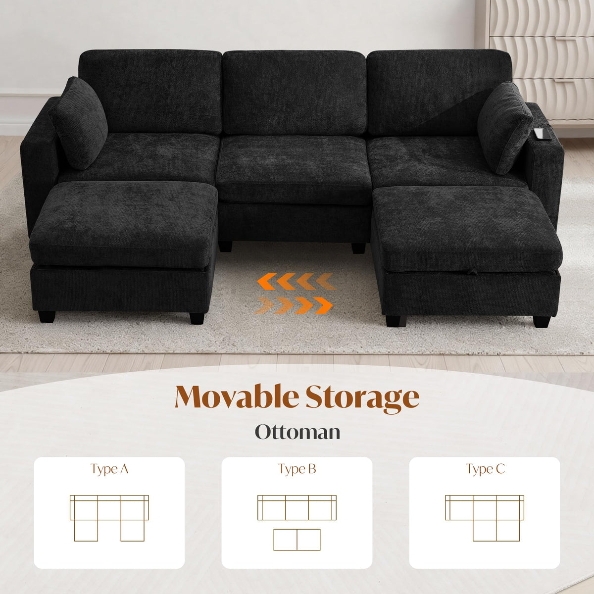 URRED 106" Modular Sectional Sofa with Storage, Convertible U Shaped Couch with Movable Ottoman, 5 Seat Modern Chenille Sectional Sofa for Living Room (Black, 106'')