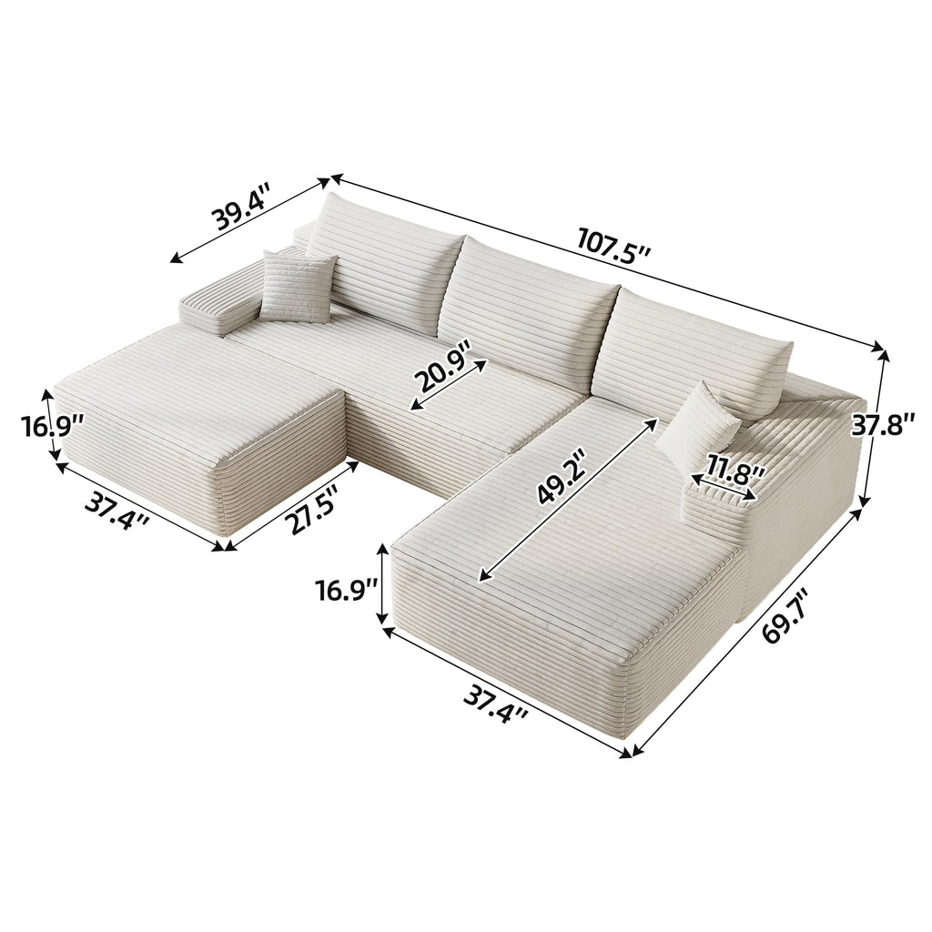 107" Plush Corduroy Deep Seat Chaise Lounge Indoo, Modern Boneless Compressed Floor Sectional Sofa with High-Resilience Foam, Free Combination Modular Cloud Sectional Sofa for Living Room, White