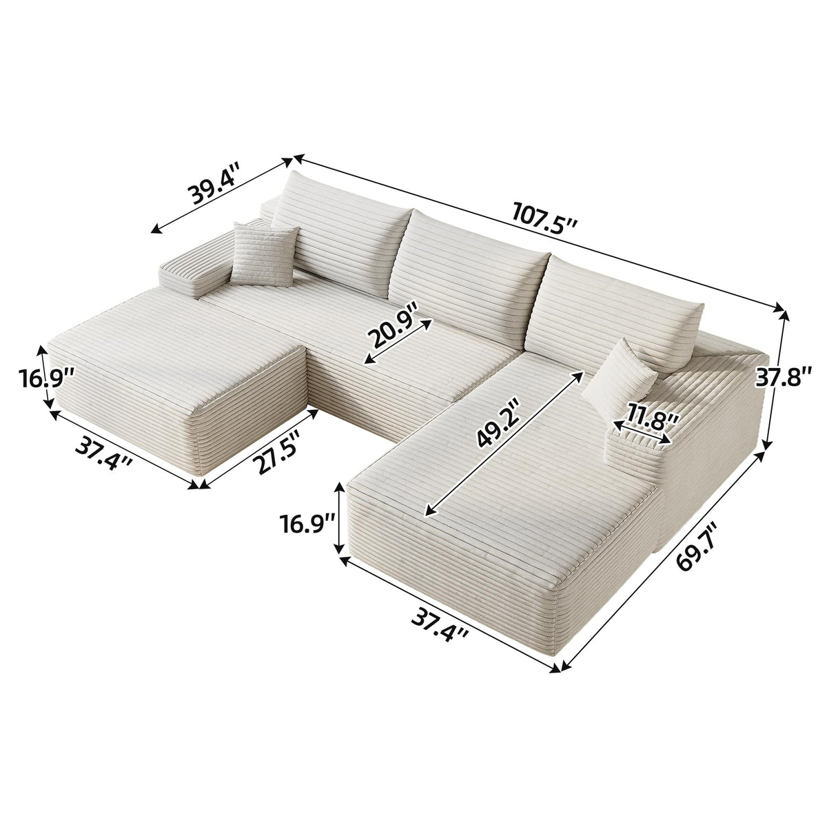 107" Plush Corduroy Deep Seat Chaise Lounge Indoo, Modern Boneless Compressed Floor Sectional Sofa with High-Resilience Foam, Free Combination Modular Cloud Sectional Sofa for Living Room, White