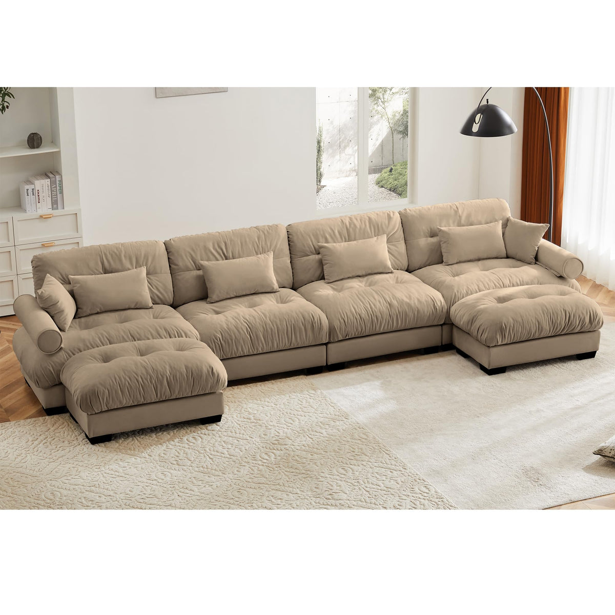 130" Modular Sectional Sofa,Velvet Upholstered Couches for Living Room,3 Seater Green Sofa Couch with Movable Ottoman,Big Comfy Loveseat Sofa with Deep Seats for Living Room,Apartment,Bedroom