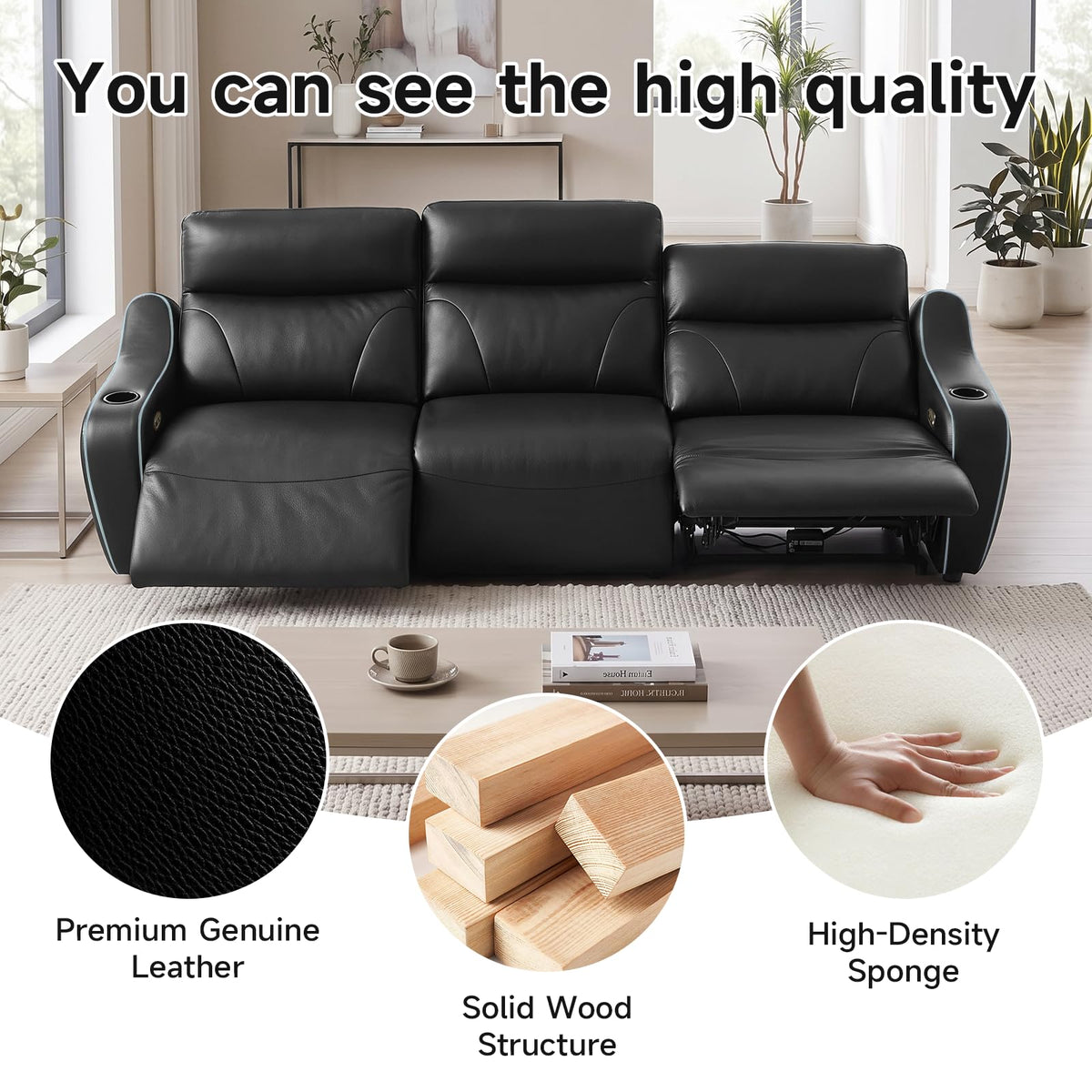 105" Genuine Leather Power Recliner Sofa, 3-Seat Zero Gravity Couch with Massage Backrest, Electric Recliner Couches with USB Ports Cup Holders & USB Charging Ports & LED Light Strip, Black