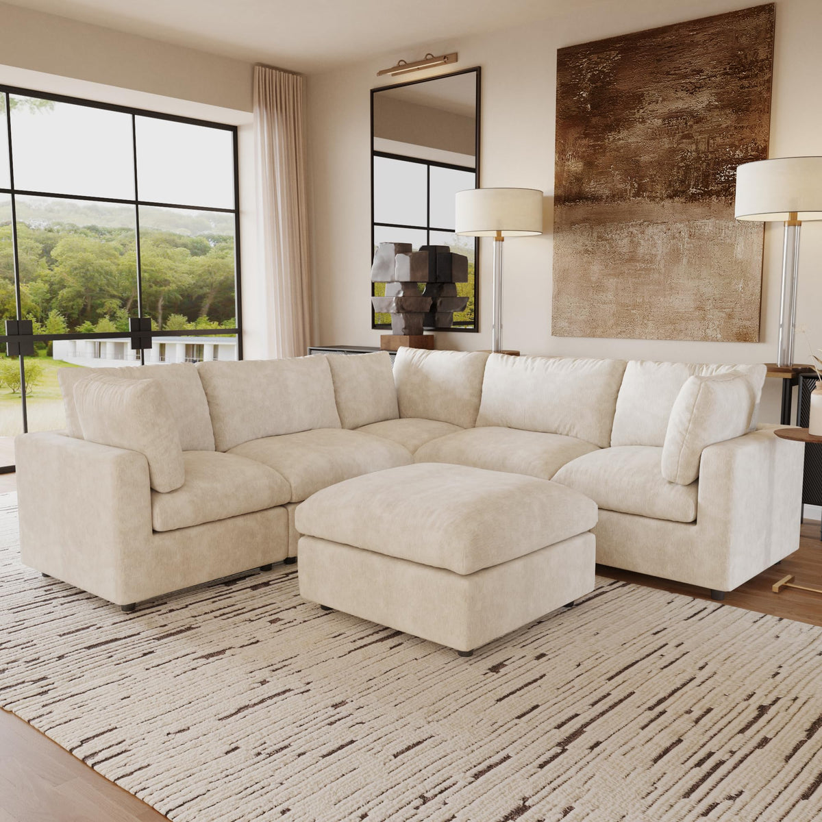 120" Cloud Couch Chenille Sectional Sofa for Livingroom Beige