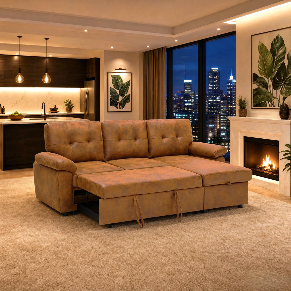 Tufted Sectional Sleeper Sofa Pull Out Couch Bed Modern Corner Couch