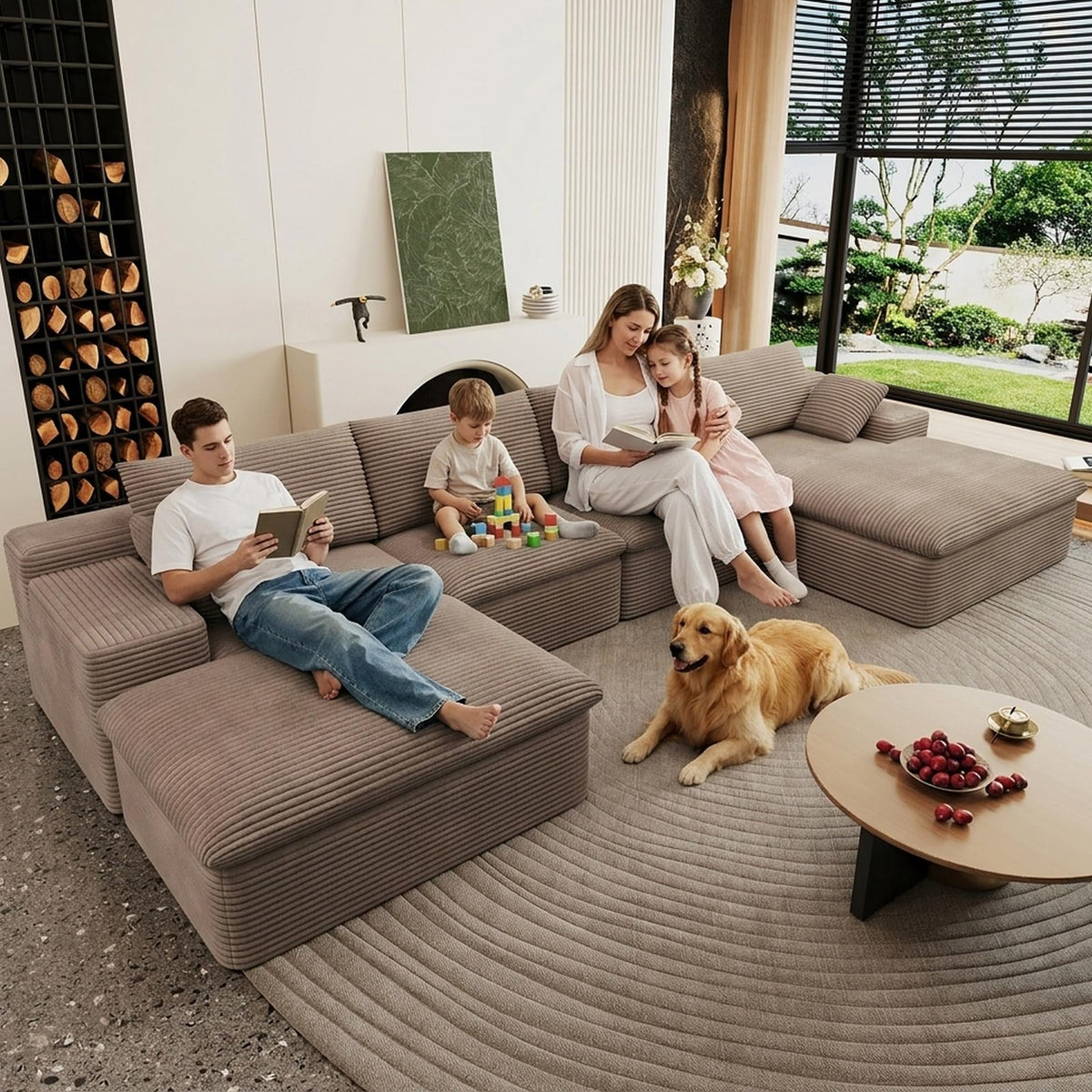 107" Cloud Couch Modular Sectional Couchs with Chaise Lounge, U-Shape Boneless Couches with Ottoman for Living Room, Corduroy Sofa with Deep Seat, No Assembly Required (Green, Left Facing Chaise)