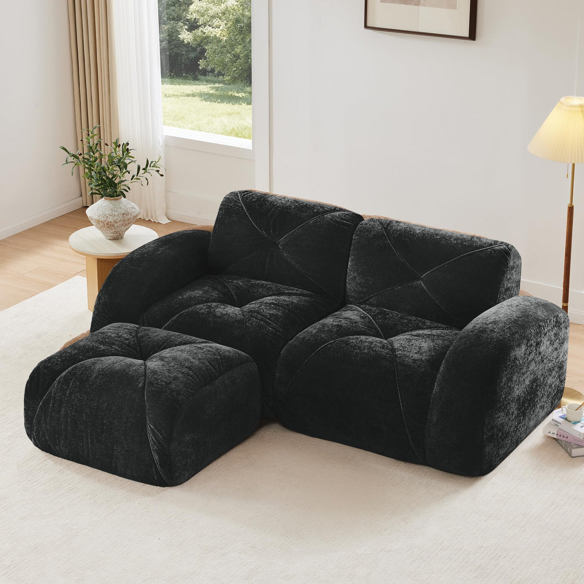 U-Shaped Boneless Sofa, Tufted 32d High Density Sponge Bottom, Anti-Slip Design, No Assembly Required, Free Combination, Movable Ottomans for Living Rooms, Home Theater, Blue