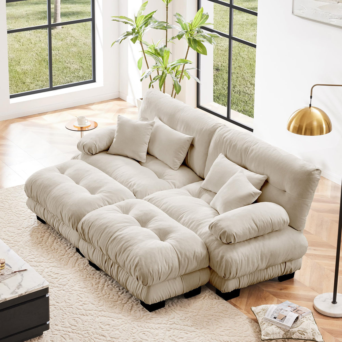 134" Oversized 3 Seater L Shaped Modular Sectional Sofa, Large Sectional Couches for Living Room, Chenille Cloud Couch with Pillows, Living Room Deep Seat Sofas with 3 Seats & 1 Ottoman, Pink
