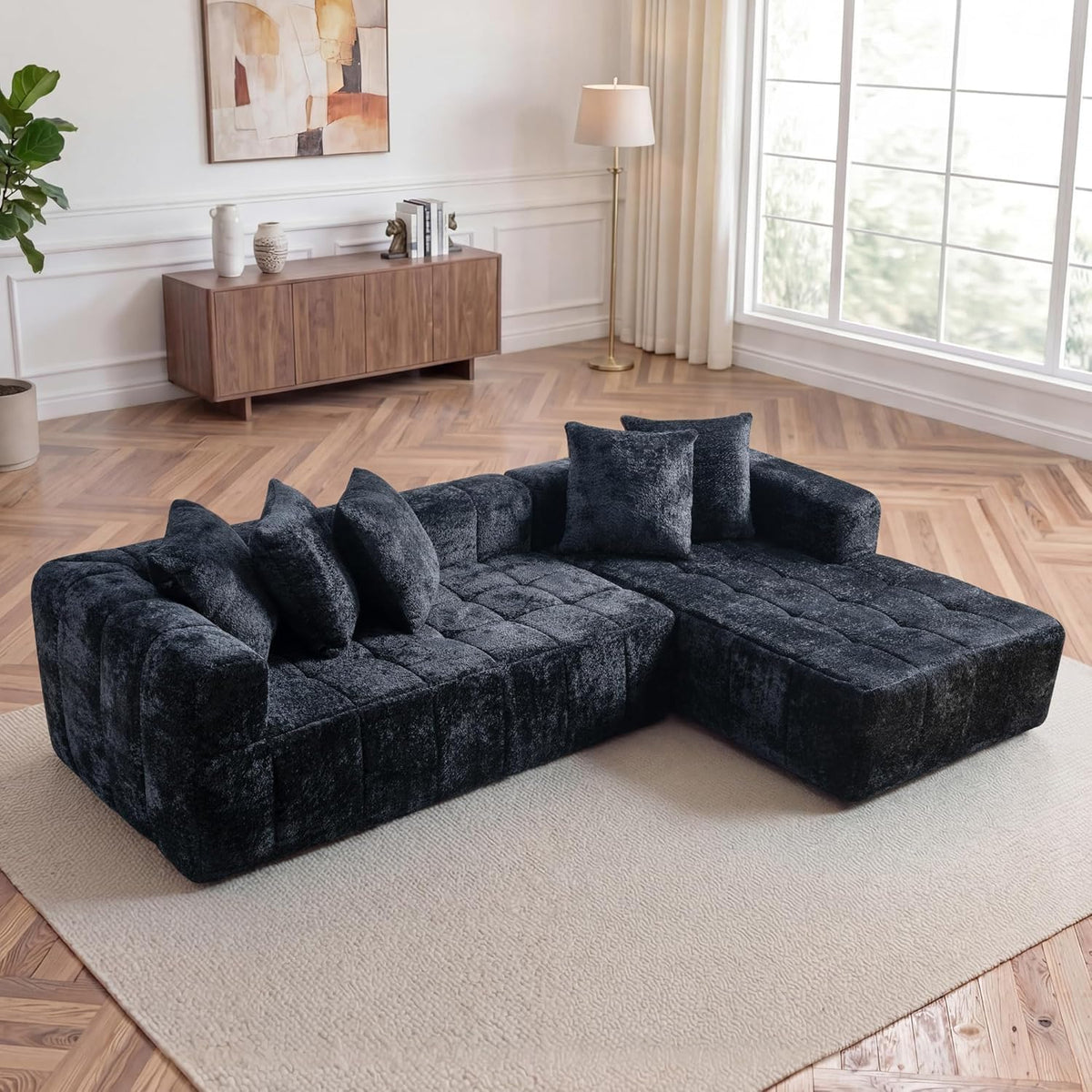 108 Inch Oversized Modular Sectional Sofa, L-Shaped Floor Couch with Extra Deep Seats, Modern Minimalist Upholstered Sofa, No Assembly Sofa Couch for Living Room, Bedroom, Apartment (Right-White)