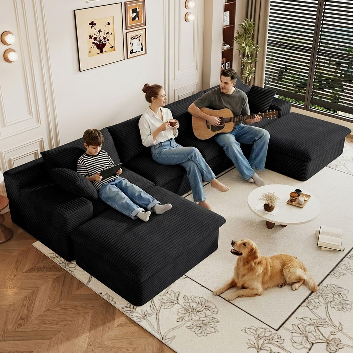107" Cloud Couch Modular Sectional Couchs with Chaise Lounge, U-Shape Boneless Couches with Ottoman for Living Room, Corduroy Sofa with Deep Seat, No Assembly Required (Green, Left Facing Chaise)