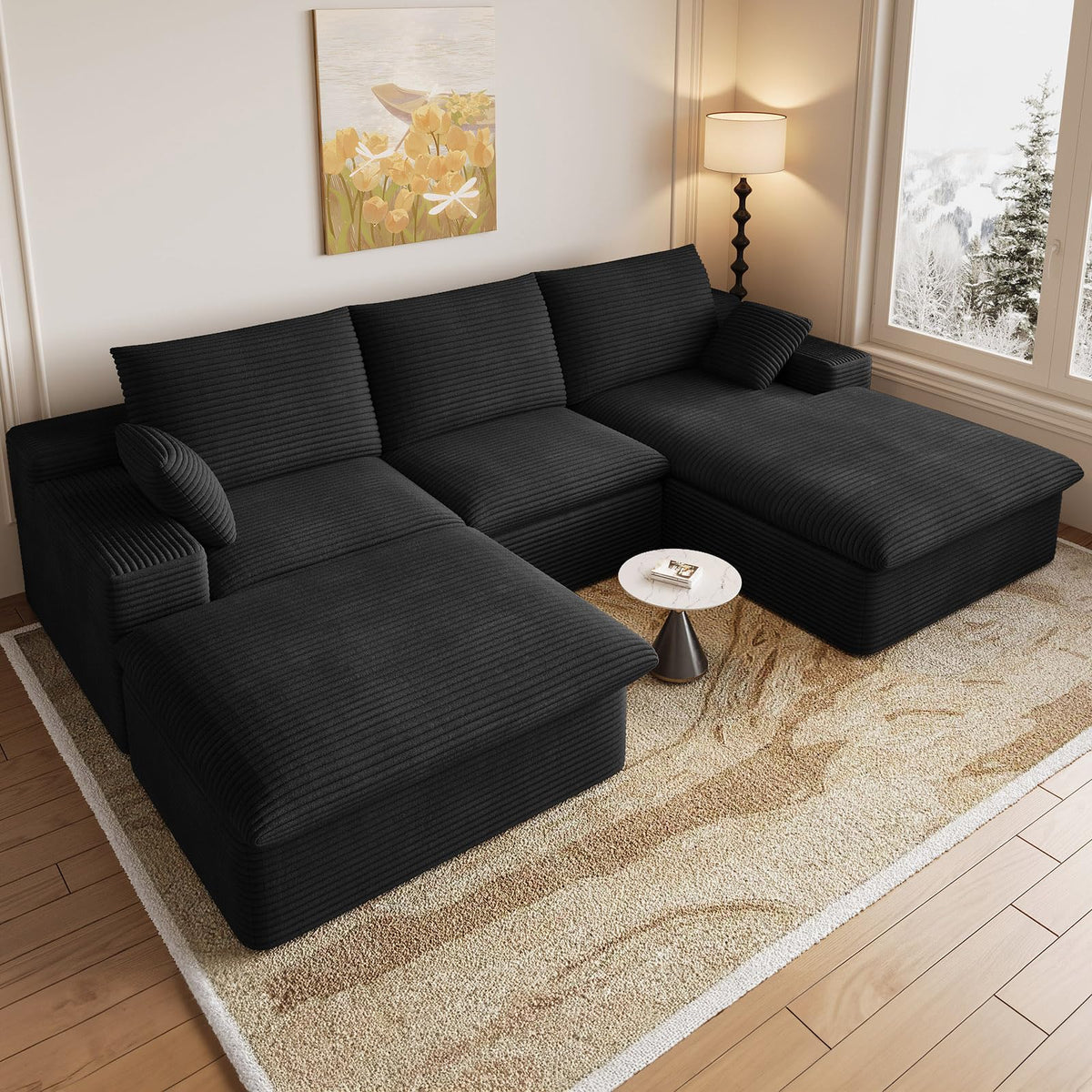 107" Cloud Couch Modular Sectional Couchs with Chaise Lounge, U-Shape Boneless Couches with Ottoman for Living Room, Corduroy Sofa with Deep Seat, No Assembly Required (Green, Left Facing Chaise)
