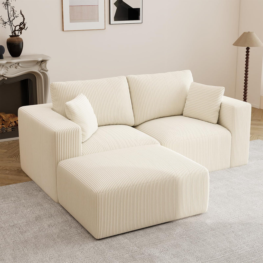 79" Modular Sectional Sofa, Cloud Couch Loveseat Memory Foam Boneless Couch with Chaise, Cozy Upholstered Corduroy Floor Couch, No Assembly Required Living Room Furniture for Apartment, Beige