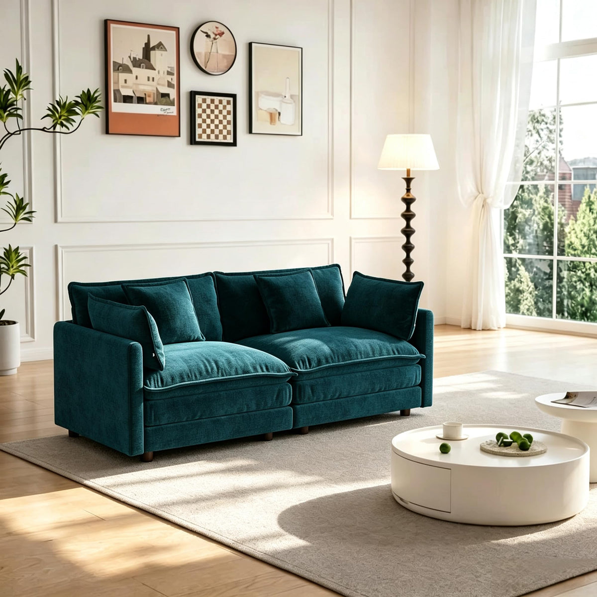 103.8" L-Shaped Sectional Sofa, Modular Chenille Cloud Couch, Deep Seat 4-Seat Sofa for Living Room with Ottoman & Pillow, Easy Assembly, Blue