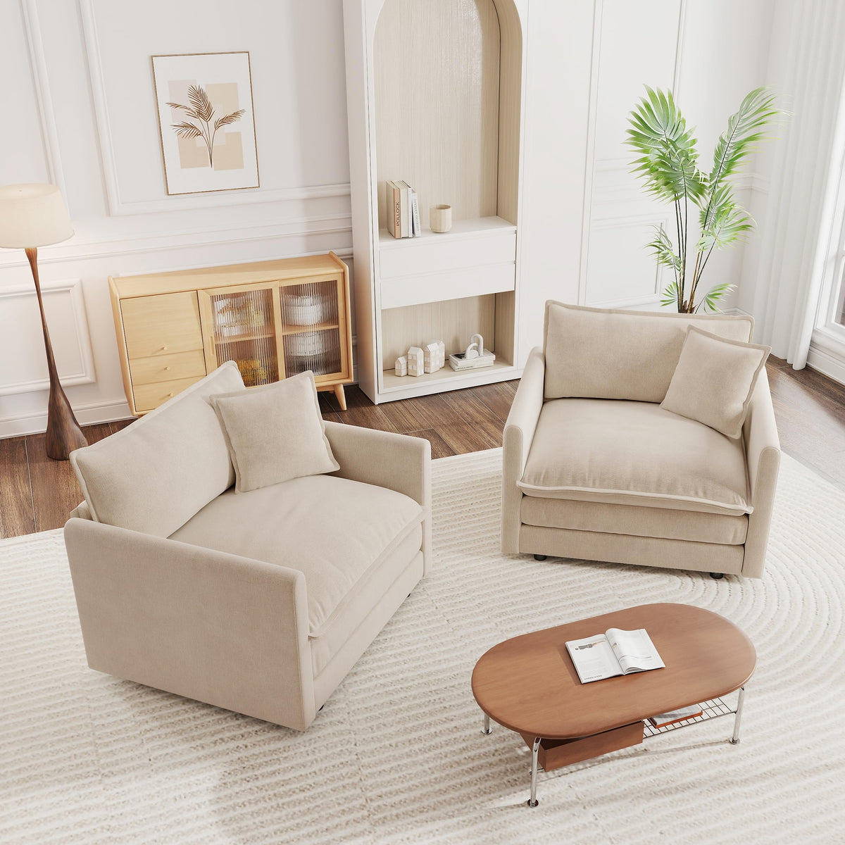 White Modular Sectional Sofa 3-Piece Set, Modern Deep Seat Chenille Couch, Loveseat, Single Sofa, Oversized Modular Couch for Living Room
