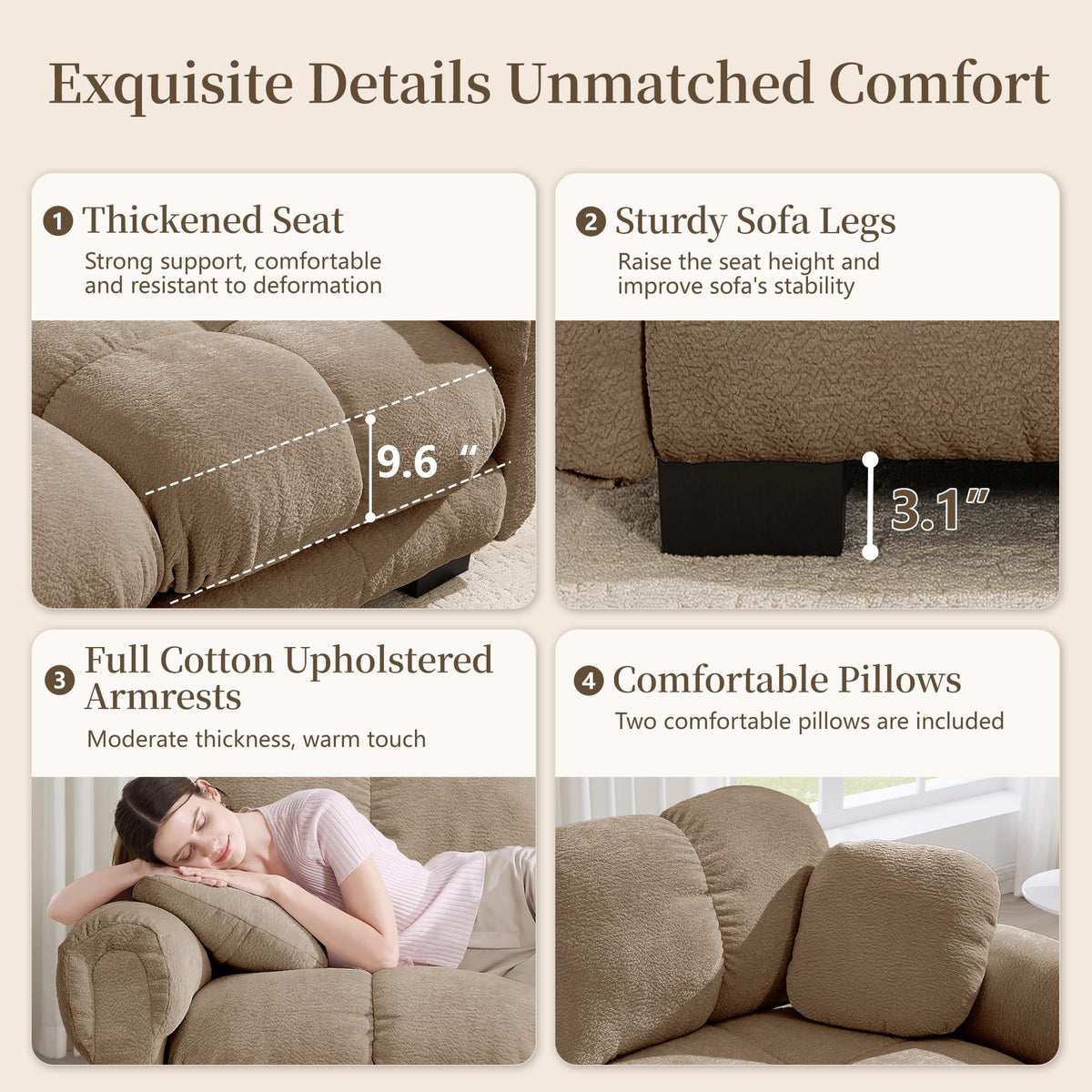 103.9" Modular Cloud Couch, Oversize U-Shaped Sectional Sofa with Ottoman, Deep Seat Chenille Couch, Anti-Slip Design, Modern 3-Seater Sofa for Living Room/Apartment/Bedroom, Brown
