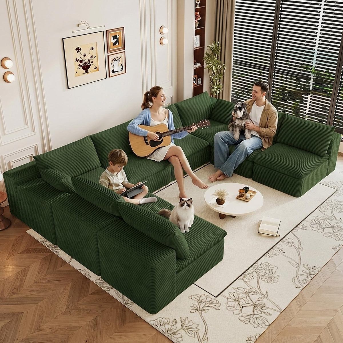 107" Cloud Couch Modular Sectional Couchs with Chaise Lounge, U-Shape Boneless Couches with Ottoman for Living Room, Corduroy Sofa with Deep Seat, No Assembly Required (Green, Left Facing Chaise)
