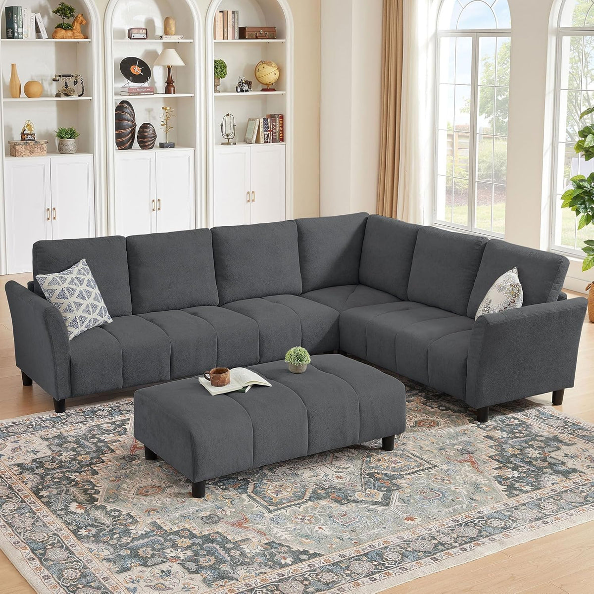 103" Convertible Sectional Sofa with Long Ottoman, Modern Upholstered Fabric L-Shaped Couch with Back Cushions, 6 Seat Sofa Couches for Living Room, Apartment, Office, Light Grey
