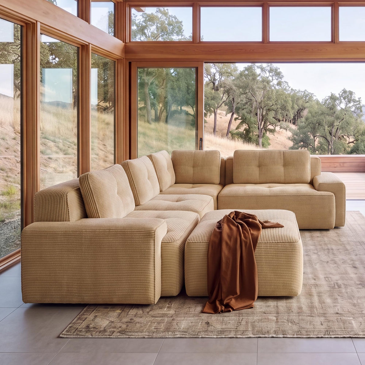 116" Boneless Corner Sectional Couch, 5 Seat Cloud Couches,Camel