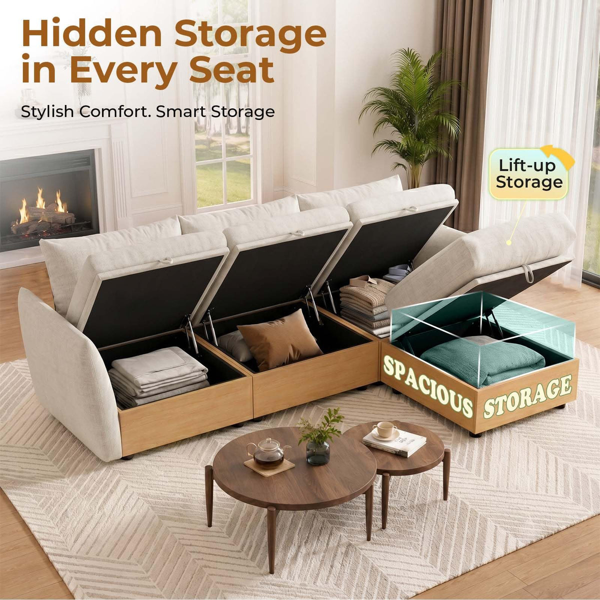 120'' U/V Shaped Cloud Couch Modular Sectional Sofa with Storage