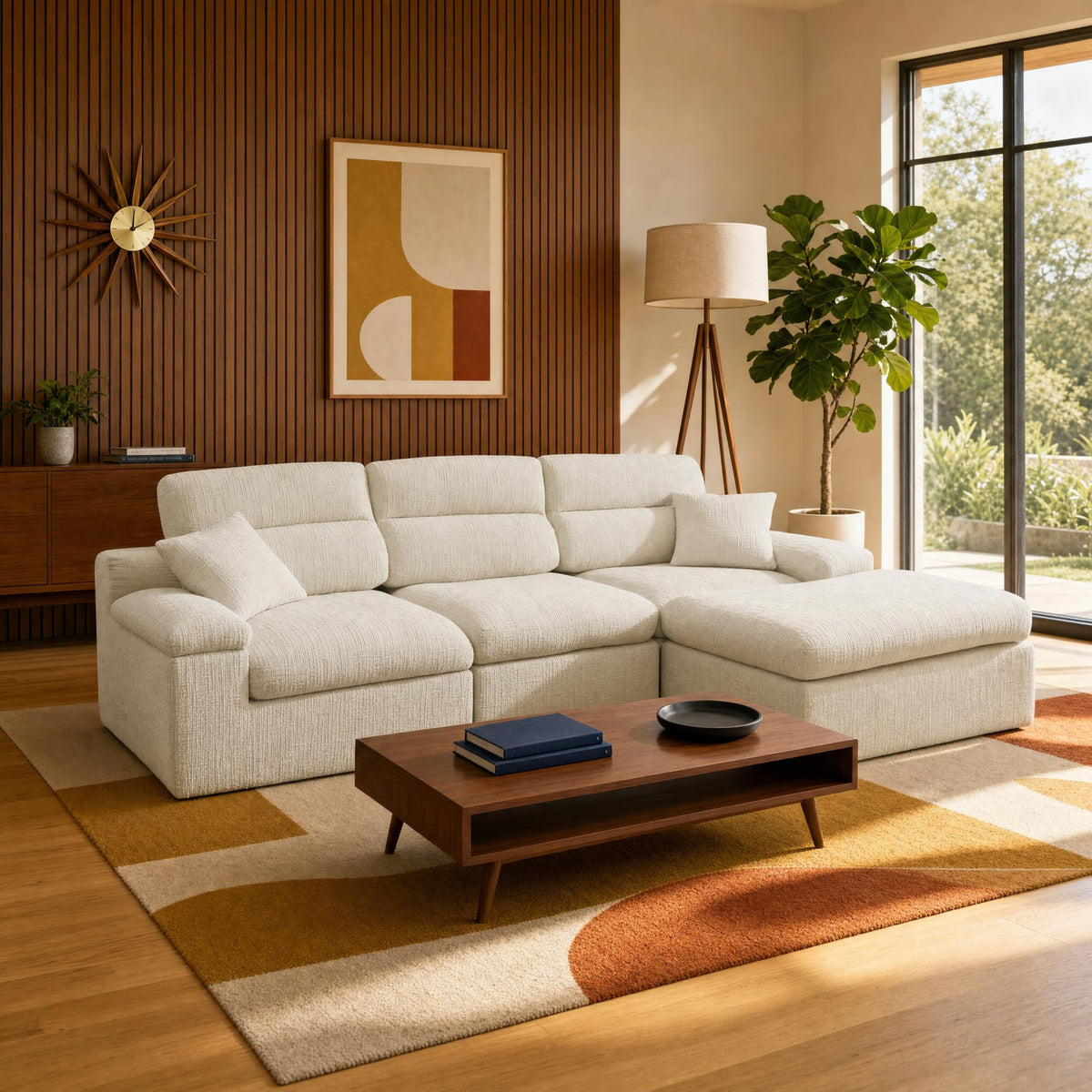 111" Modular Chenille Sofa Set w/ Reversible Chaise,No-Assembly-Beige-Blue