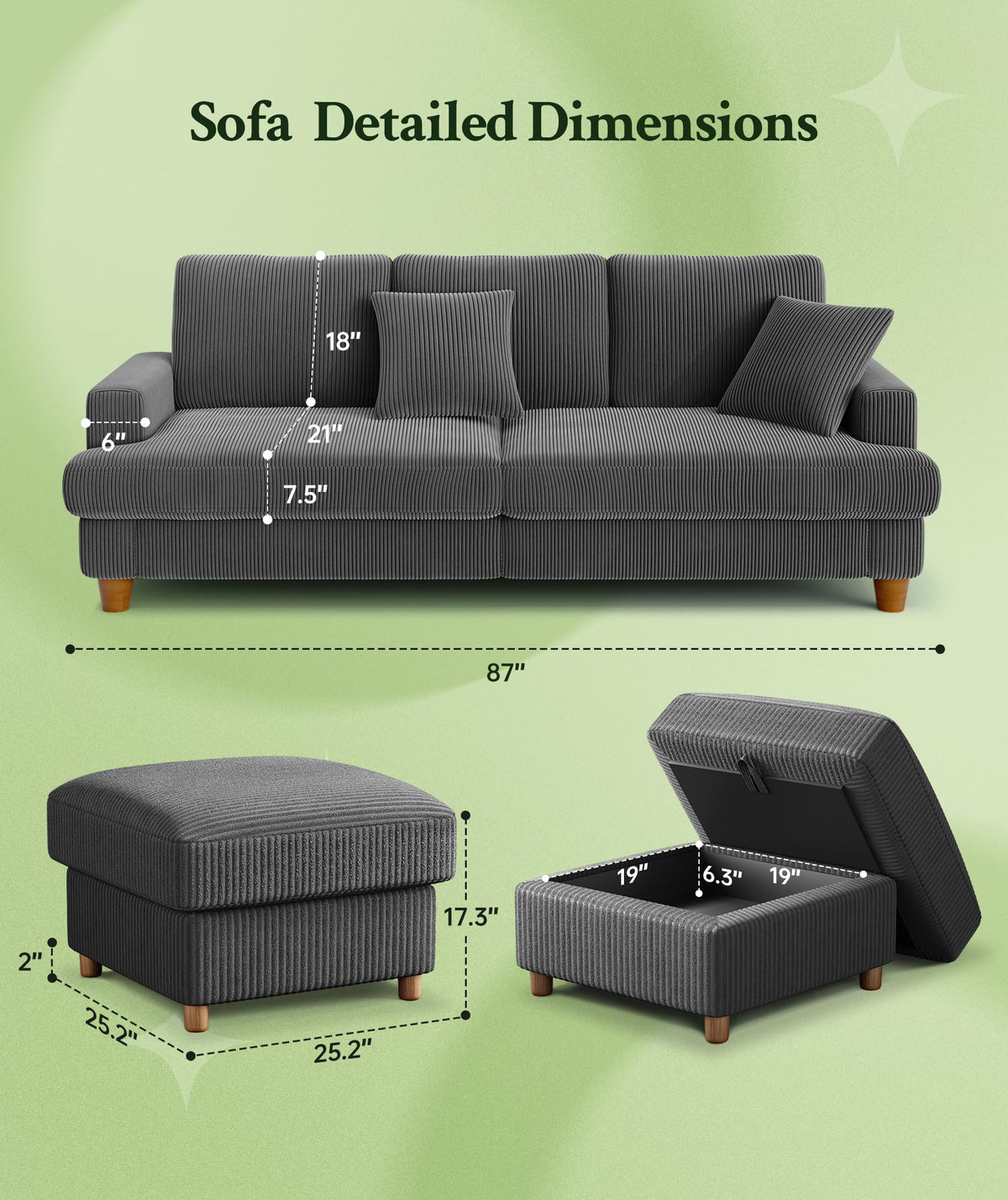 Welzona 87.2" Couches for Living Room, Corduroy Couch, L Shaped Couch Grey