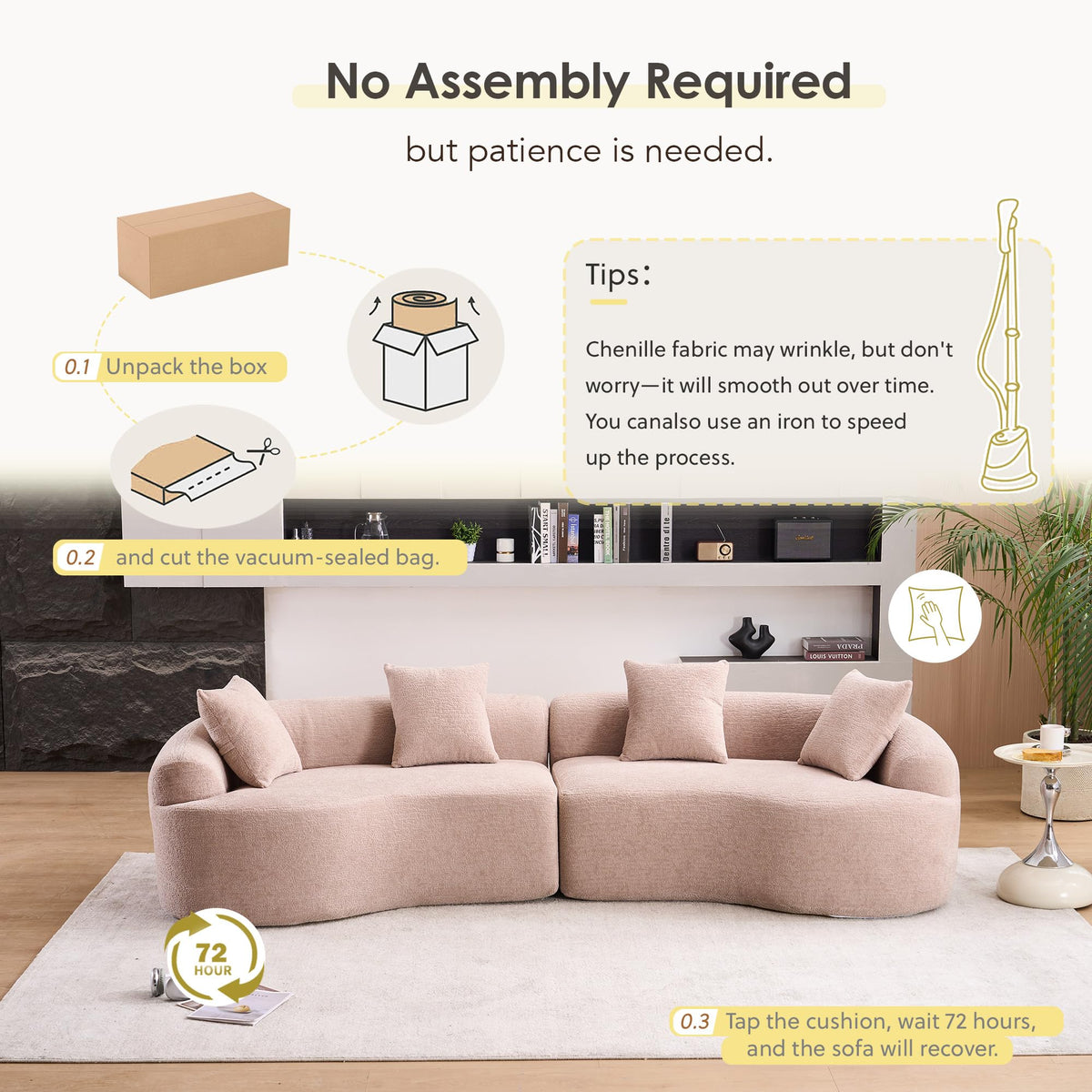 110" Chenille Modular Sleeper Sofa 30D with Pillows，Beige