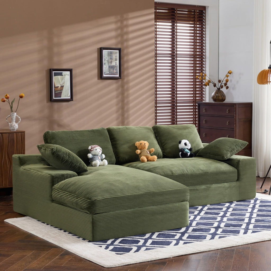 White corduroy compressed sofa. It has a soft and skin-friendly sitting feel, adding a healing atmosphere to the warm living room. It comes with 3 back cushions and 2 throw pillows. (Green)