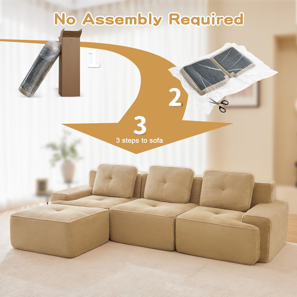 115.3” Camel Boneless Couches for Living Room, Modular Sectional Sofa with L-Shape Chaise, 3 Seater Comfy Upholstered Deep Seat Corduroy Fabric Cloud Couch No Assembly, Anti-Slip Design