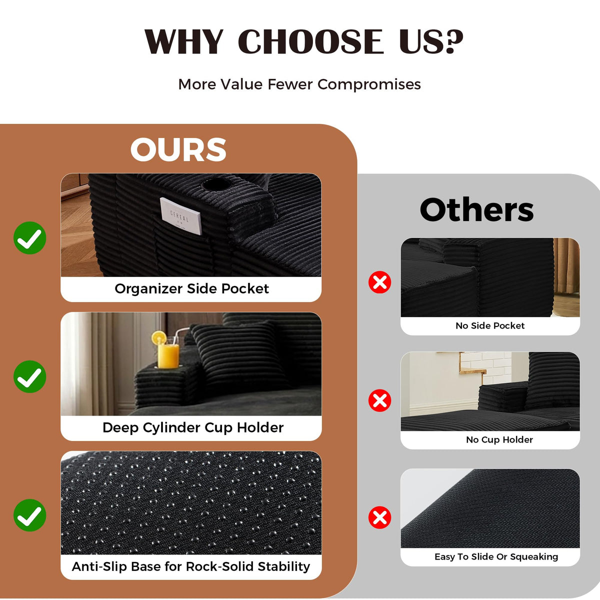 134 inch Modular Sectional Sofa for Living Room, Oversized U-Shaped Cloud Couch with Deep Seat, 5-Seat Boneless Couch with 2 Storage Pockets & 2 Cup Holders, No Assembly Required (Black)