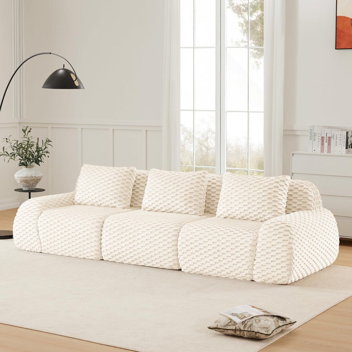 114" Modular Sectional Sofa for Living Room,Flannelette Fabric,Oversized 3 Seater Couch,Boneless Sofa,Deep Seat,Buckle Connection,Anti Slip Design,No Assembly,Cream