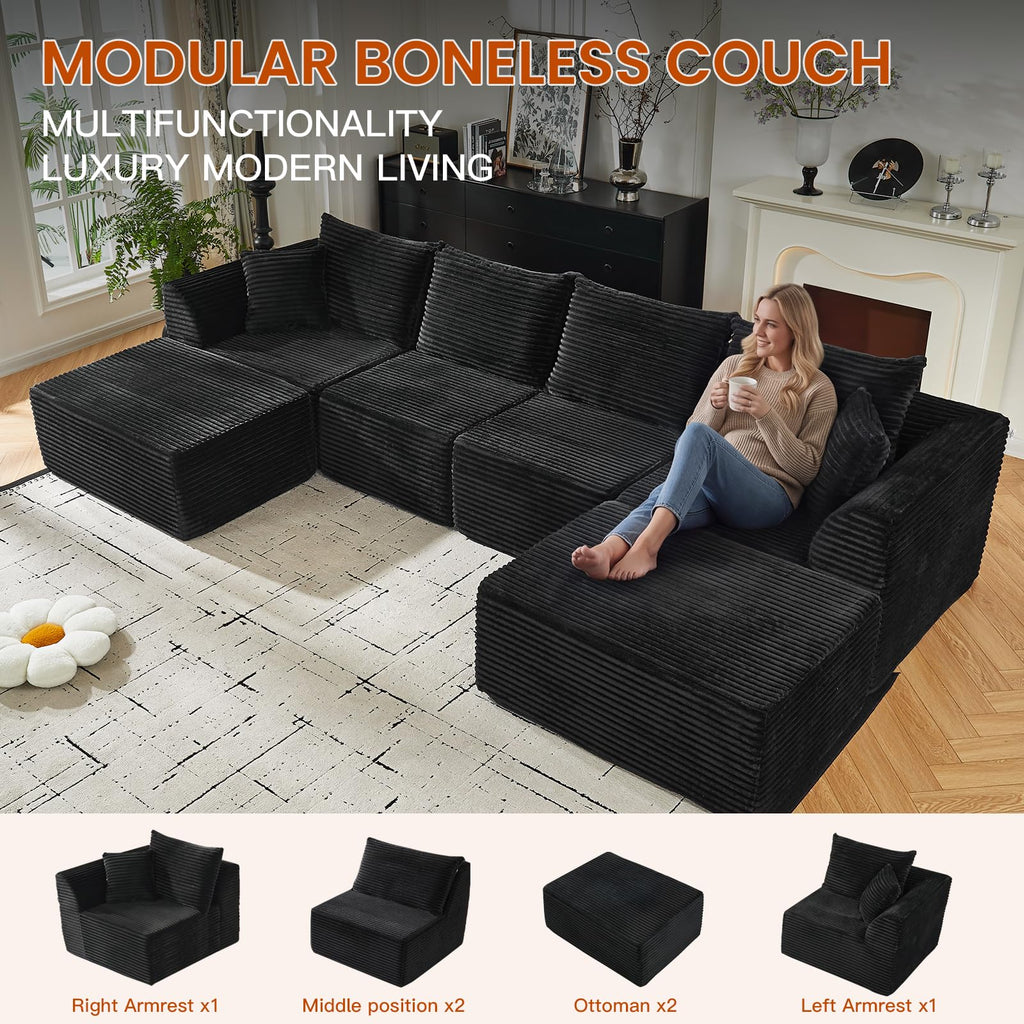 130" Modular Sectional Sofa with Ottoman, U-Shaped Corduroy Couch