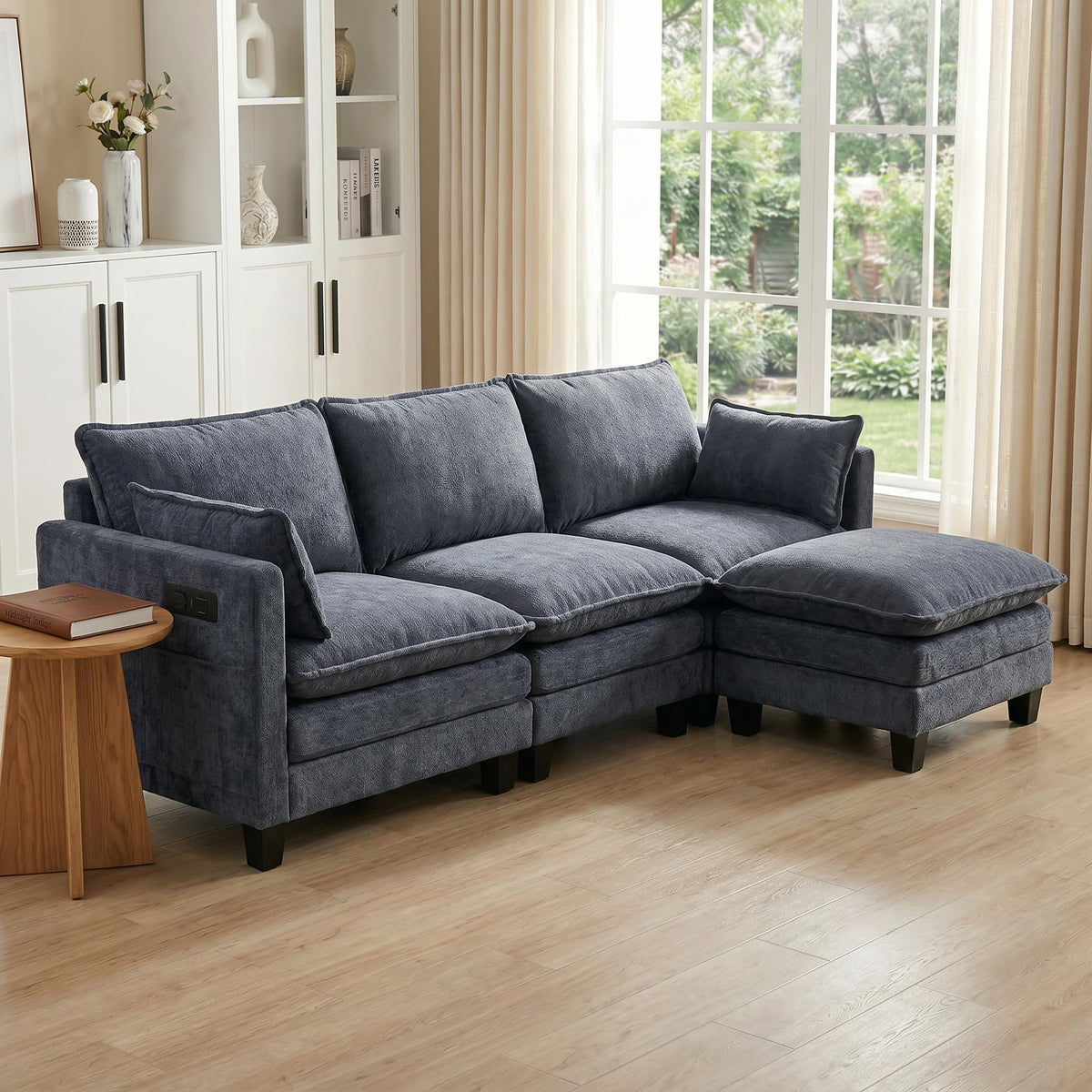 107.9" Modular Chenille Sofa, 3 Seat Cloud Couch with Movable Ottoman, Modern Deep Seat Couch with USB Ports & Side Pockets for Living Room Apartment (Green)
