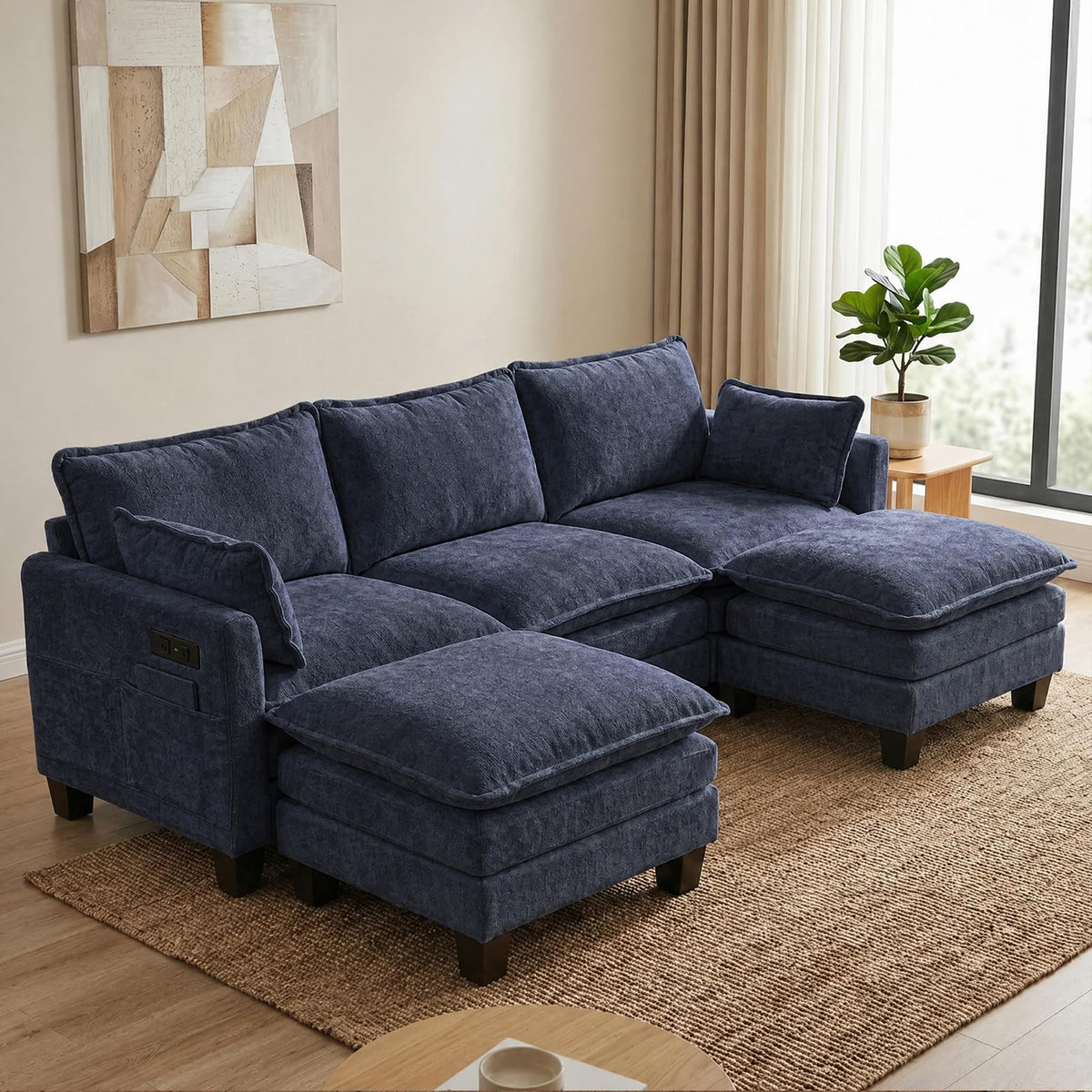 108" Modular Sectional Sofa Cloud Couch - U Shape Sofa with Charging Station Side Storage - Chenille Comfy Couches with Ottoman Movable for Living Room Bedroom Apartment Office, Blue