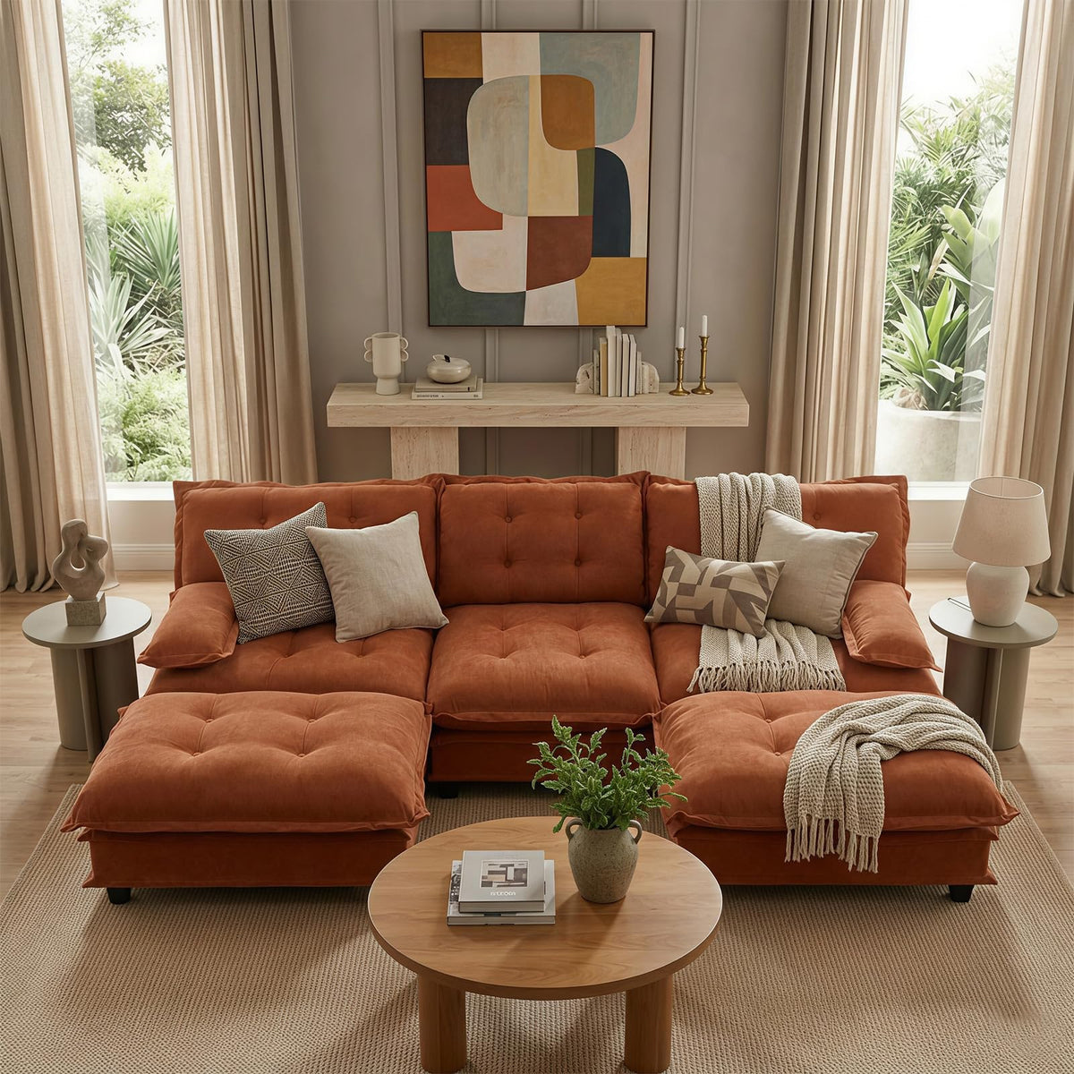 107.5" Modular Sectional Sofa-Chenille Deep 3 Seater L-Shaped Cloud Couch with Ottoman, Button Seat Cushions for Living Room & Apartment, Orange