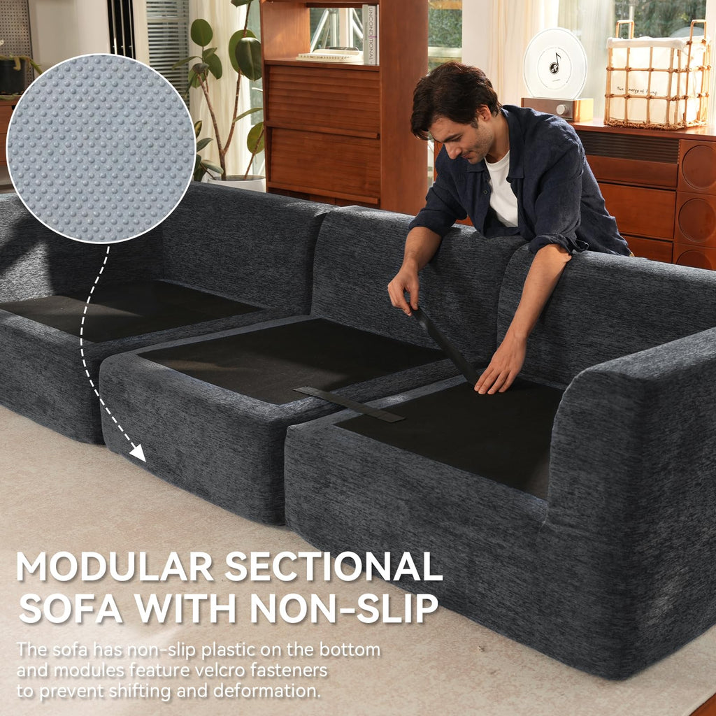 110" Oversized Cloud Sectional Boneless Couch, Modular Chenille L-Shaped Compressed Sofa with Ottoman & 3-in-1 Multi-Purpose Pillow, 3 Seater Memory Foam Couches for Living Room, Gray