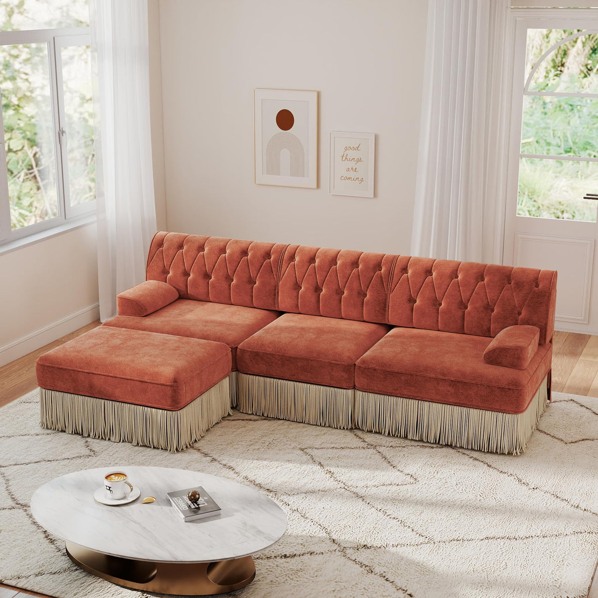 Unique Chesterfield Style Modular Sectional Sofa, 135.6” L-shaped Boneless Sofa with Velvet Fabric, Floor-grazing Tassel Fringe Skirt and Button Tufted Design for Living Room, Easy to Assemble, Beige