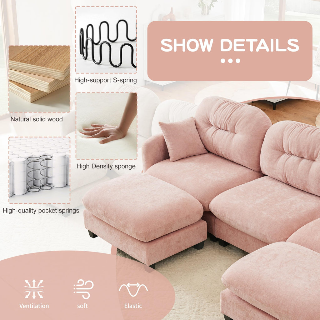 107" Modular Sectional Sofa with Ottoman Pink Chenille L Shaped Couch