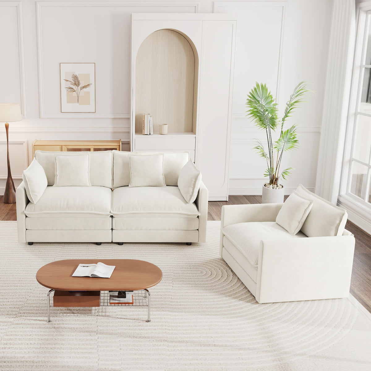 White Modular Sectional Sofa 3-Piece Set, Modern Deep Seat Chenille Couch, Loveseat, Single Sofa, Oversized Modular Couch for Living Room