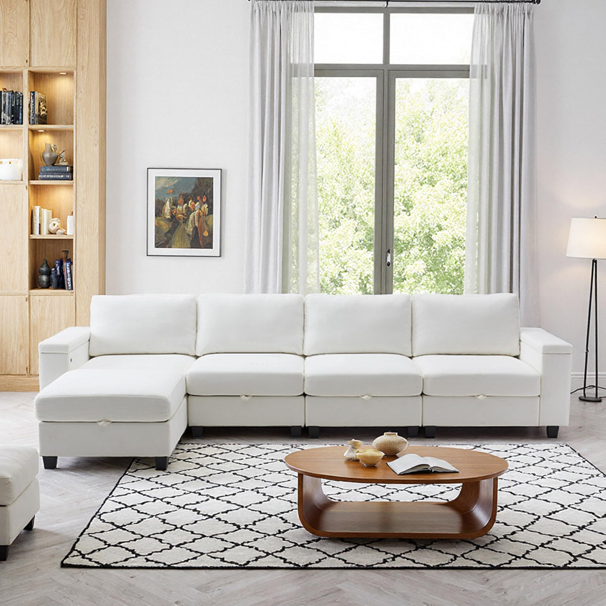 131" White Modular Storage Sofa with Ottoman USB,Type C Ports, Chenille Fabric, Sleeper Function Easy Assembly