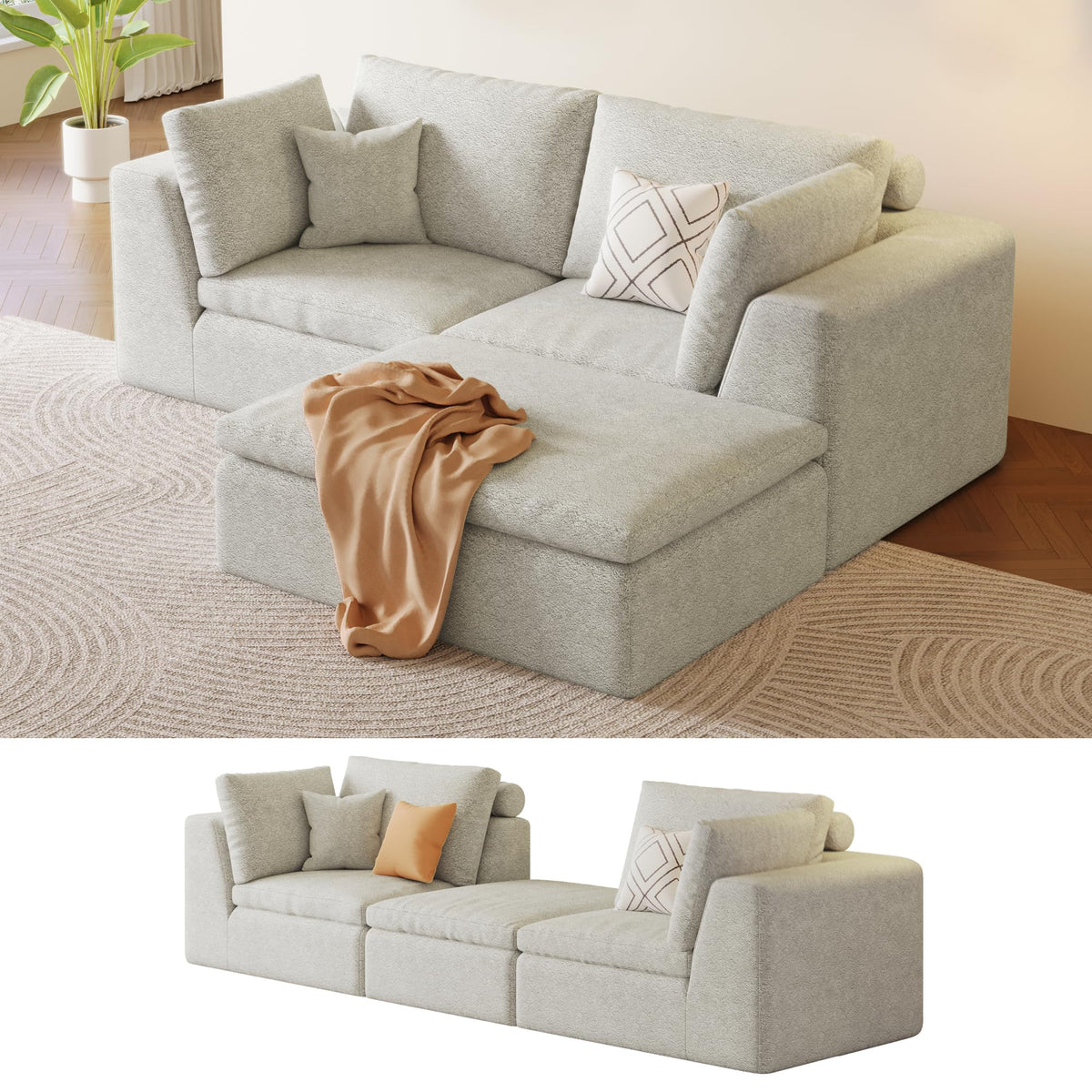 109" Oversized Modular Sectional Sofa L Shaped, Cloud Sectional Couch with Ottoman Deep Seat,Boneless Memory Foam Sofa for Living Room,Teddy Fleece Fabric, No Tools Assembly Required (Beige,1 Ottoman)