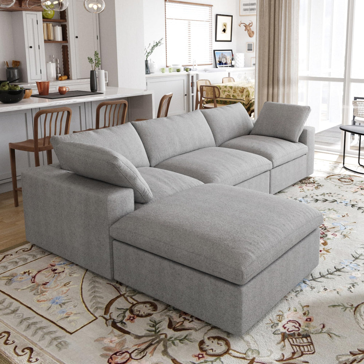 118" Modular Sectional Sofa, L Shaped Sectional Couch with Storage Ottoman, Deep Seat Linen Blend Sofa with Removable Covers for Living Room Apartment, Khaki