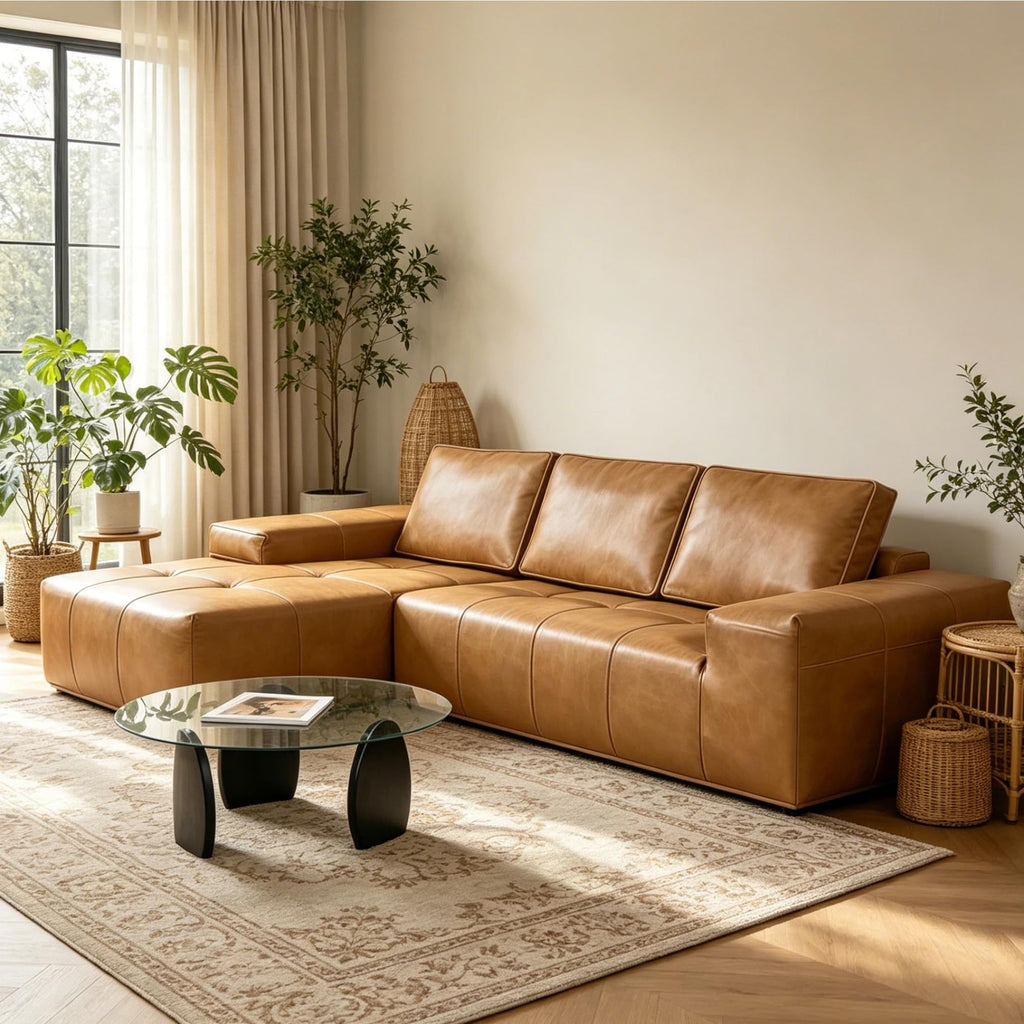 114" Brown Left Facing Sectional Couch with Chaise,Faux Leather Sectional Couch No Assembly Required,Boneless L Shaped Couch for Living Room