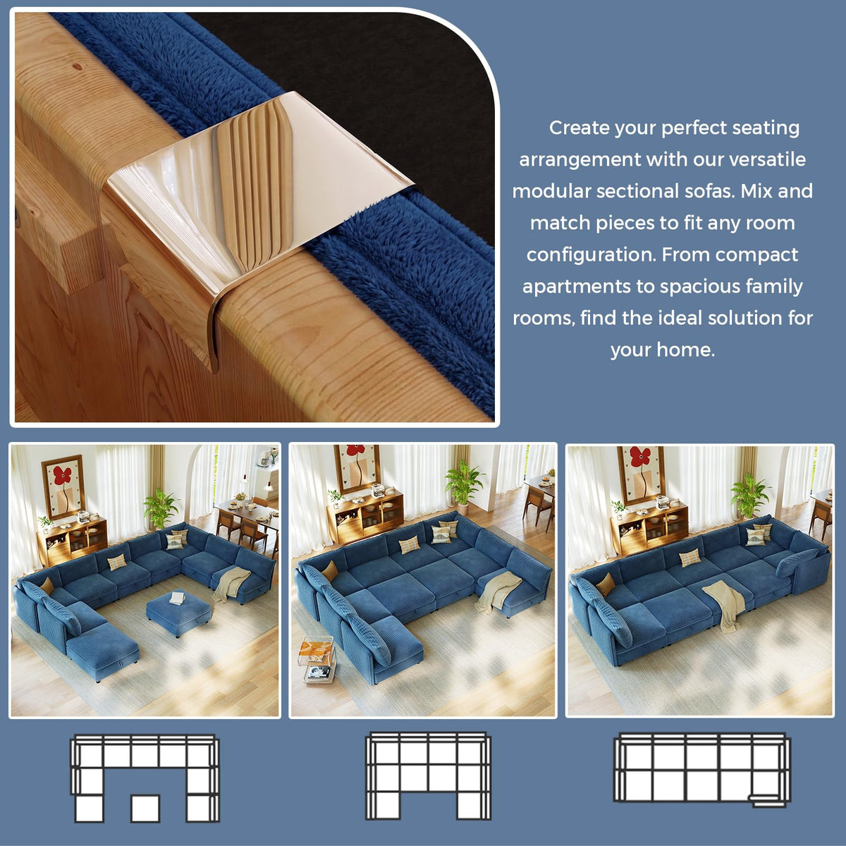 10 Seat Oversized Modular Sectional Couch Bed with Hidden Storage and Movable Ottomans Corduroy Upholstered Deep Seat for Sectional Couches for Living Room Bedroom, Blue