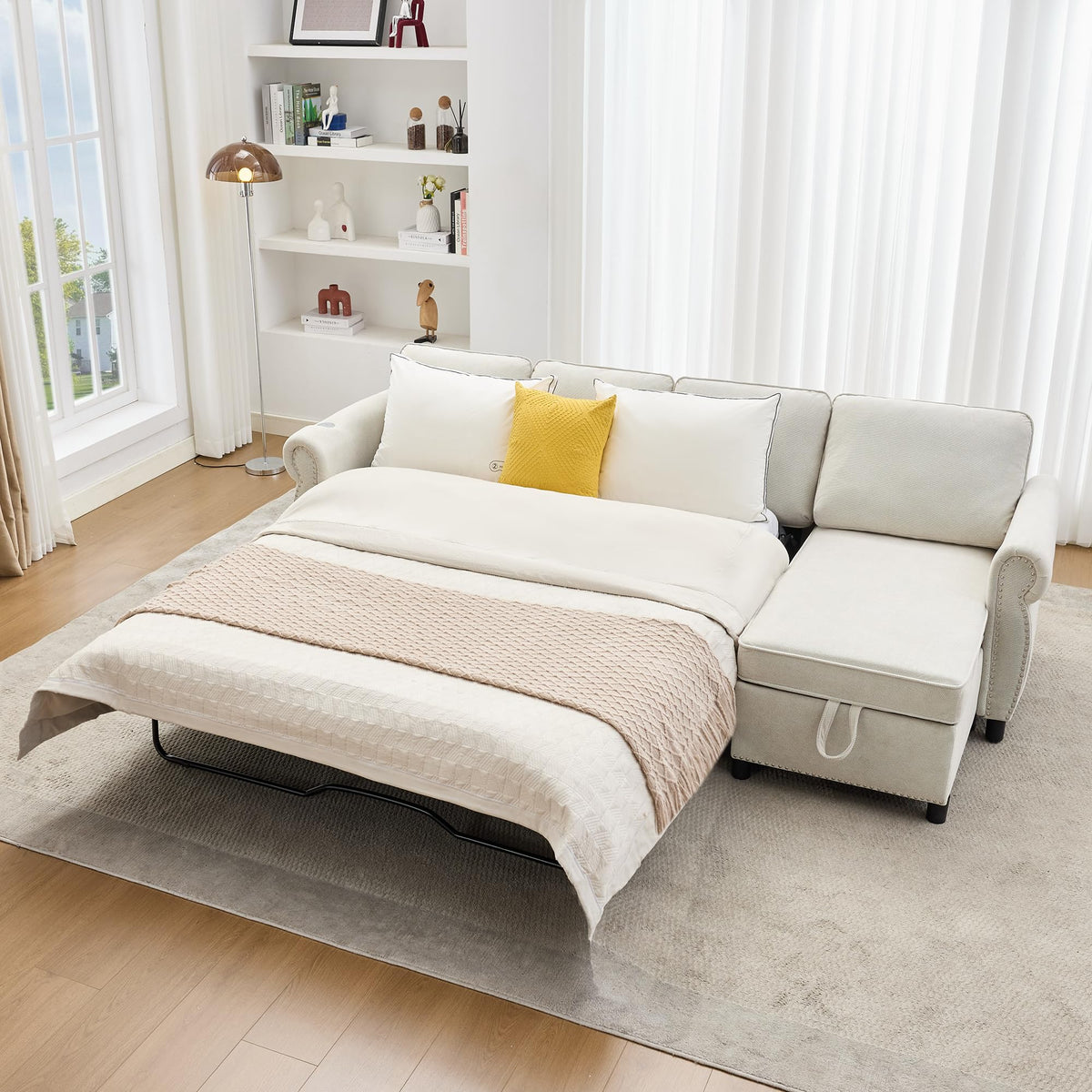 106.5" Pull Out Sofa Bed,L Shaped Modular 4 Seater Couch,2-in-1 Sleeper Sofa,Wireless Charging, USB Charging Ports,Memory Foam Mattress,Storage Space