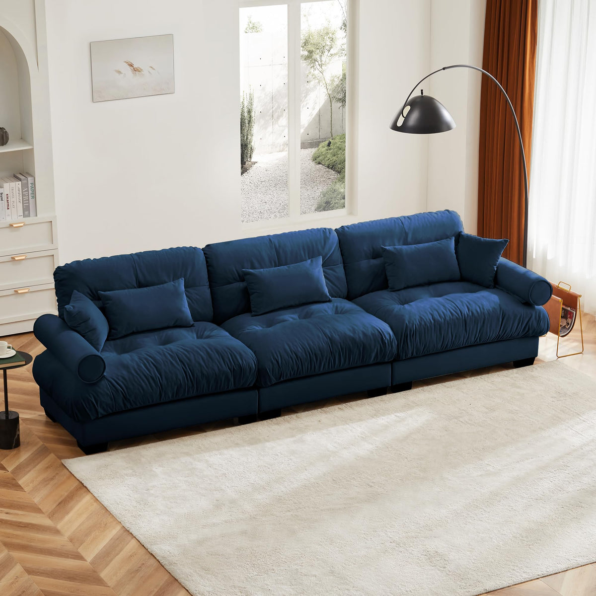 130" Cloud Couch, Oversized 3-Seater Couch with Ottomans and Pillows, Deep Seat L Shaped Sofa, Comfy Velvet Fluffy Sofas Modular Sectional Couches for Living Room (Blue, 3 Seat + 1 Ottoman)